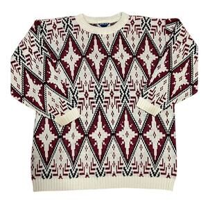 Justin Allen Vintage 80s Geometric Diamond Knit Sweater Magenta White Size L